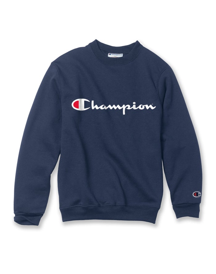 Champion Drenge Sweatshirt Mørkeblå - Double Dry Script Logo - Danmark BQY-804721